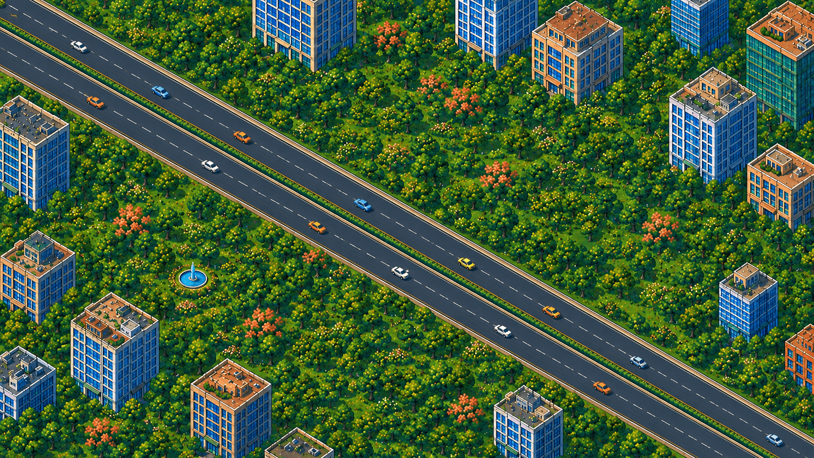 Illustrated aerial view of a green city watched over by Scout Safety